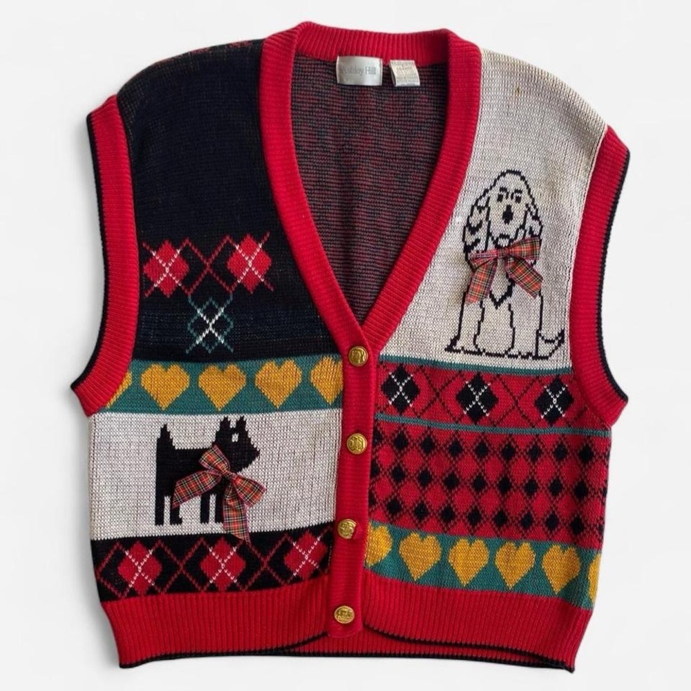 Vintage red argyle puppy dog knit vest